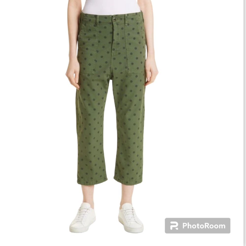 The Great. The Ranger Crop Cotton Pants Green Polka Dot Print Size 28